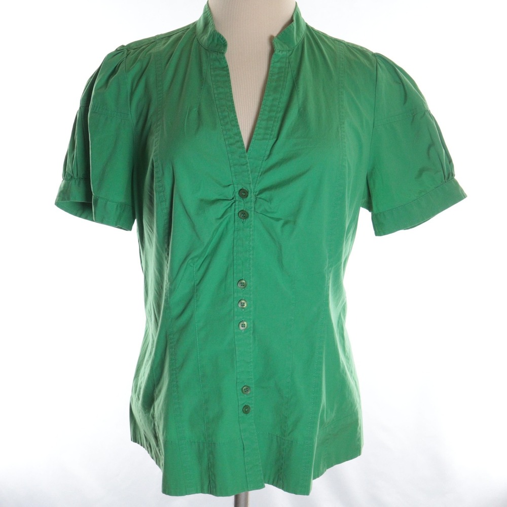 Anthropologie Odille Blouse Women 12 Green VNeck Puff Sleeve Fitted Button Shirt